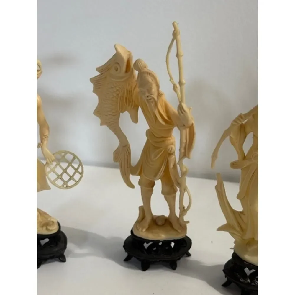 4 Statues Lot Asian Plastic Figurines Fish Sword Collectibles - Made in Italy